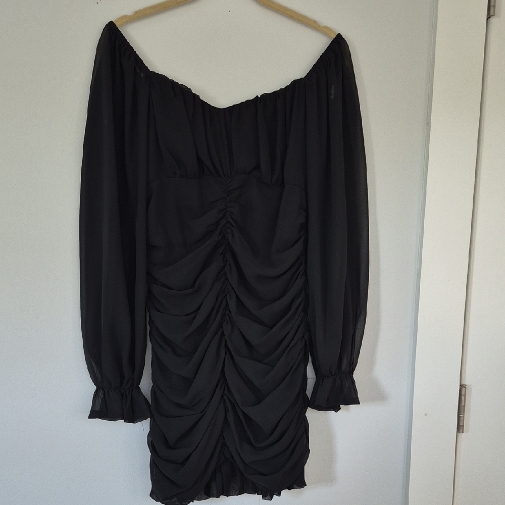 Blush Black Ruched Sheath Dress with Bishop Sleeves
